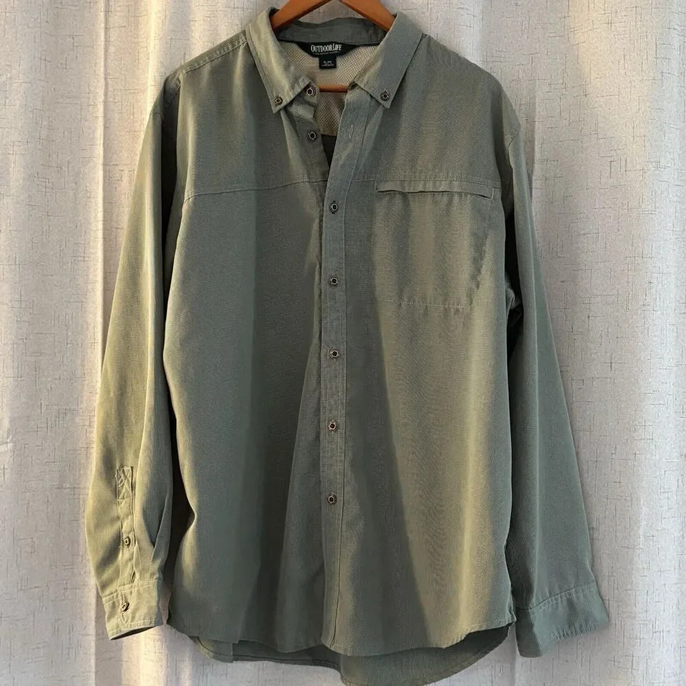 Outdoor Life Men's Shirt‎ XL Army/Olive Green Long Sleeve Polyester Button down